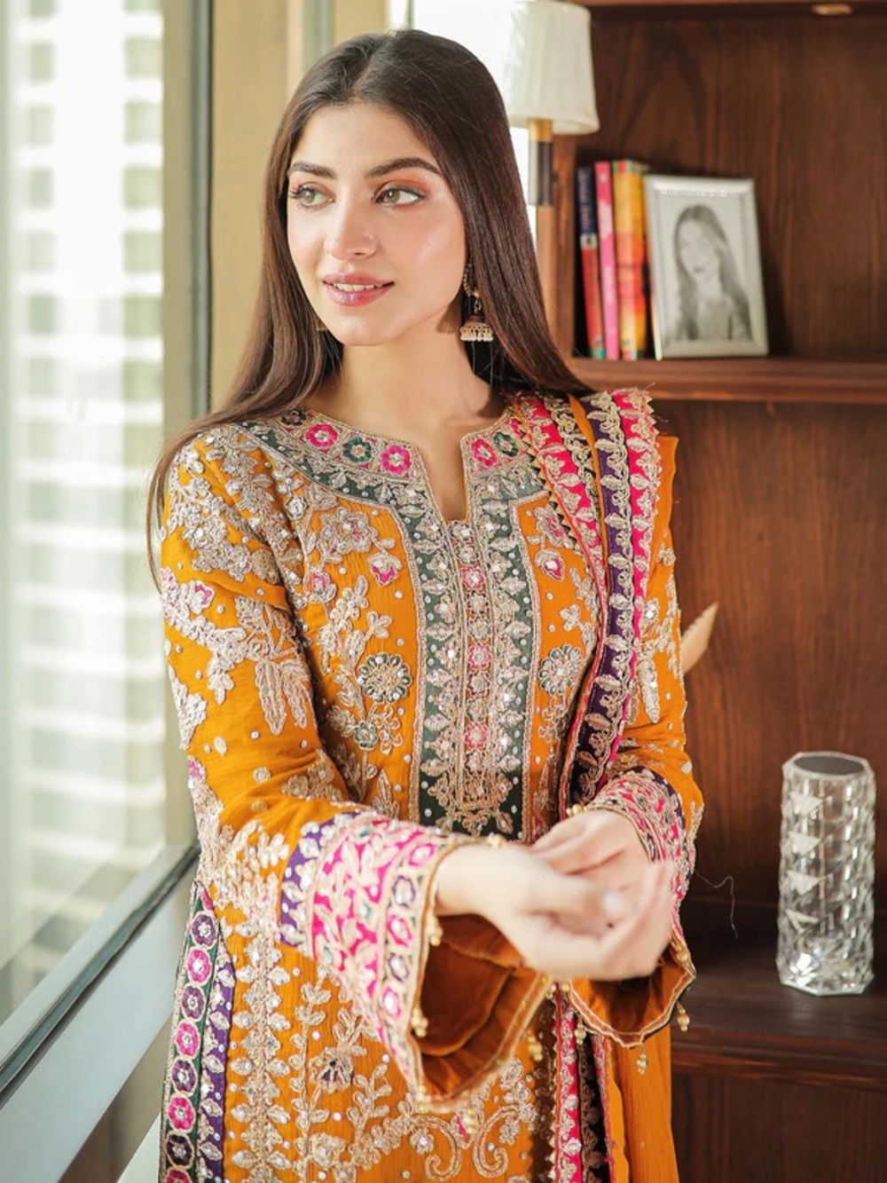 Embroidered Mustard Yellow Pakistani/Indian Dress with Pink & Green Accents